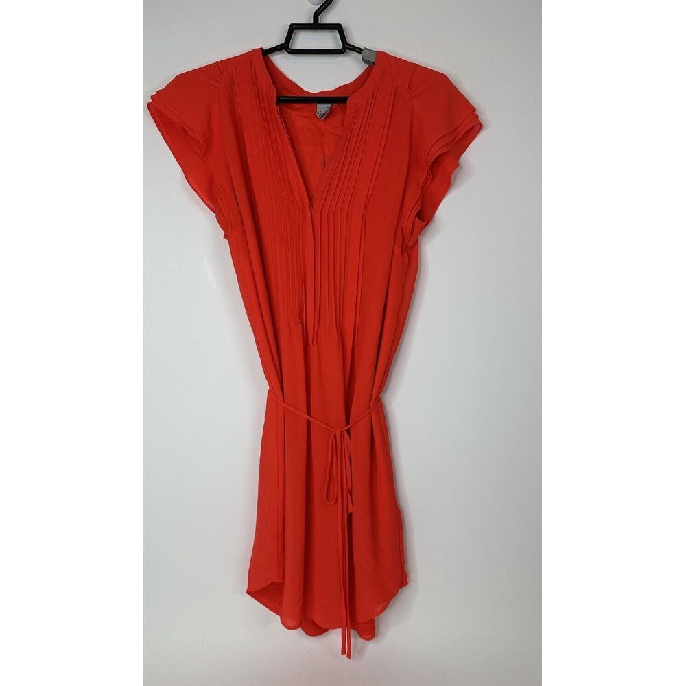 H&M Dress Top Women's 12 Pleated‎ Belted Tunic Buttons V Neck Orange